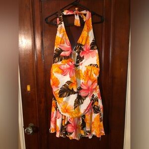 One piece tropical print swim suit with skirt